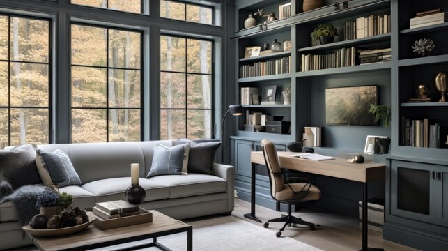 Stylish home office or library with custom built in bookshelves, comfortable seating, and inspiring views for a tranquil workspace