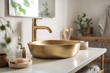 Fototapeta na wymiar Brushed brass tap mixer on timber vanity with white basin bowl against white tiled wall in a new modern elegant bathroom lit by natural light from a nearby window modern interior house renovation new