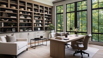 Stylish home office or library with custom built in bookshelves, comfortable seating, and inspiring views for a tranquil workspace - obrazy, fototapety, plakaty