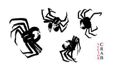 Vector set of images of crabs. Calligraphy, ink, brush, minimalism. Black on white. Oriental style, China, Japan. Fish restaurant, cafe, market.  Eps10