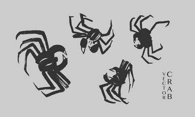 Vector set of images of crabs in traditional oriental style. Calligraphy, ink, brush, sketch, doodle. Black on grey. China, Japan. Restaurant, cafe, fish market, menu. Eps10