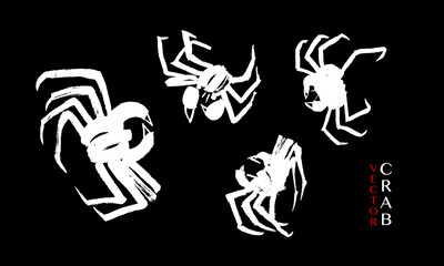 Vector set of images of crabs in oriental style. Calligraphy, ink, brush, sketch, doodle. White on black. China, Japan. Restaurant, cafe, market, fish menu. Eps10