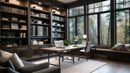 Stylish home office or library with custom built in bookshelves, comfortable seating, and inspiring views for a tranquil workspace