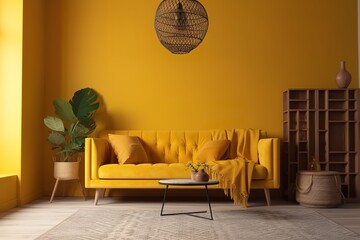 Cozy modern living room with yellow sofa
