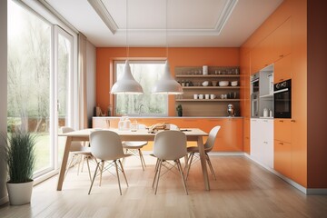 Idea of a orange scandinavian kitchen room interior with dinning furniture and large wall and white landscape in window. Home nordic interior. 3D illustration