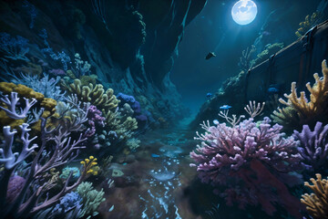 Fototapeta na wymiar Undewater world landscape, reef, sea bottom with corals and seaweeds 