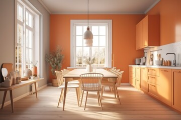 Idea of a orange scandinavian kitchen room interior with dinning furniture and large wall and white landscape in window. Home nordic interior. 3D illustration