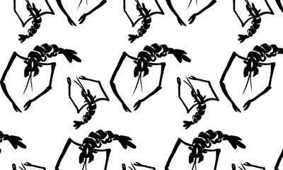 Shrimp vector pattern. Calligraphy, ink, brush, doodle, sketch, minimalism, oriental tradition. Black on white. Chinese, Japanese style, wallpaper, seamless, repeating, wrapping paper, fabric. Eps10