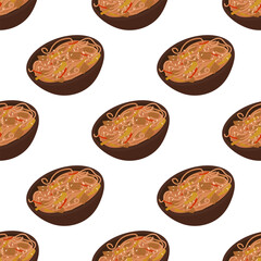 Seamless pattern of Asian food. Noodles with vegetables. Wallpaper, background, flyer, fabric design. Vector illustration.