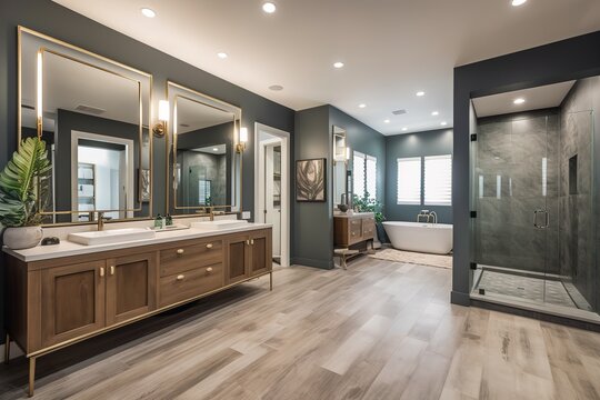 Master bathroom in new luxury home with double vanity and view of walk - in closet