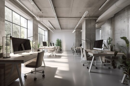 Minimalistic concrete coworking office interior