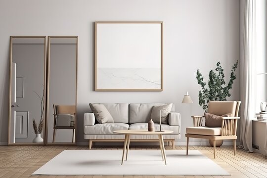 Minimalistic modern living room interior with paintings  and sofa