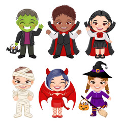 Set of Halloween children cartoon character. Kids in a different Halloween costumes with Mummy, Vampire, Witch, Devil, Frankenstein, Dracula Vector
