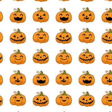 Halloween seamless pattern with orange smiling spooky pumpkins on white background vector