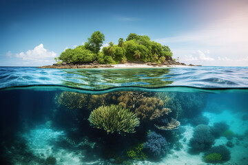 Fototapeta premium Tropical Island And Coral Reef. Split View With Waterline. Beautiful underwater view of lone small island above and below the water surface in turquoise waters of tropical ocean. Generative AI