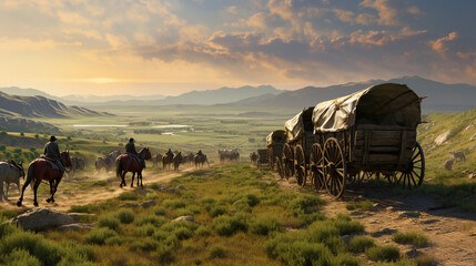 Illustration of a wagon train in the American west. Generative AI.  - obrazy, fototapety, plakaty