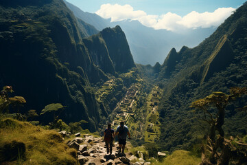 Obraz premium Illustration of hikers visiting a mayan ruin in the mountains, Generative AI. 