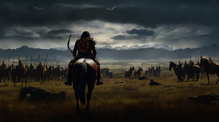 Illustration of an indigenous rider on the prairies in the old west. Generative AI. 