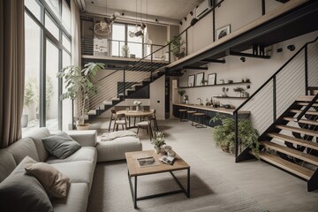 Fototapeta na wymiar Modern living room in stylish two floor apartment 