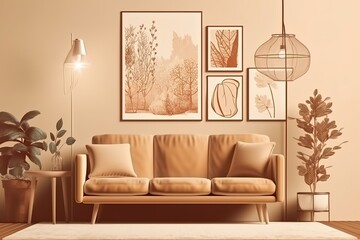 luxury living room interior and sofa with wall painting plants
