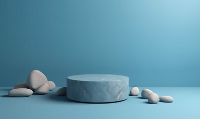 A beautiful blue background for presentations featuring a podium and marbled round stones in a calming color scheme.Generative AI