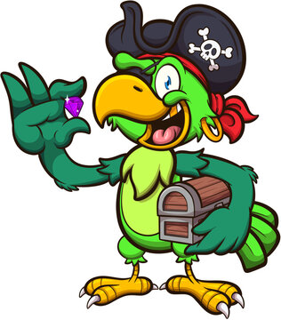 Cartoon Pirate Parrot With Treasure. Vector illustration with simple gradients.