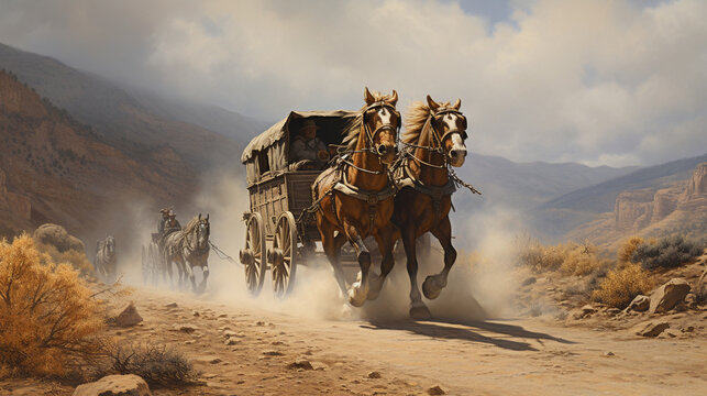 Illustration of a wagon train in the American west. Generative AI. 