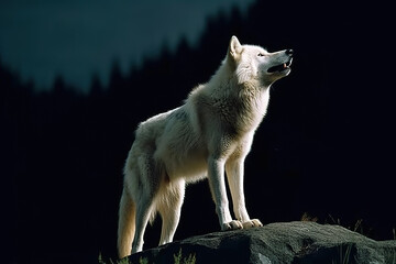 A white wolf howls at the moon in the night. Generative AI