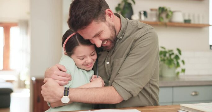 Child, homework and dad hug from student education help in notebook with knowledge development. Paper, study and father support at a table with home school parent care for learning in a kitchen