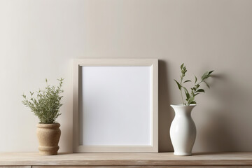 White frame mockup on table. Small white vase with dry leaves and grass. Ai generative