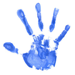 Handprint of adult. Human fingers and palm of hand. Close up of watercolor colored blue hand print on white background