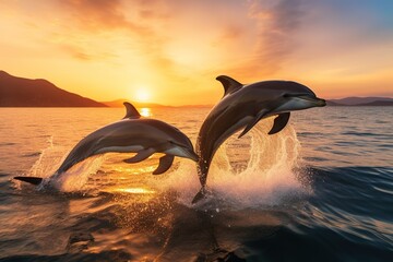 Cheerful three dolphins jumping above ocean at sunset