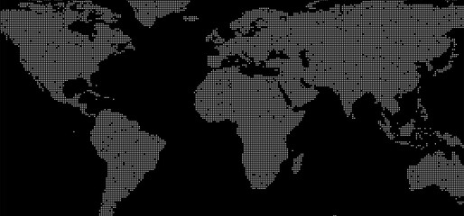 Abstract world map out of white dots, dotted earth map, points, round spots, graphic illustration with all the continents and oceans, globe illustration, planet earth, isolated on black background