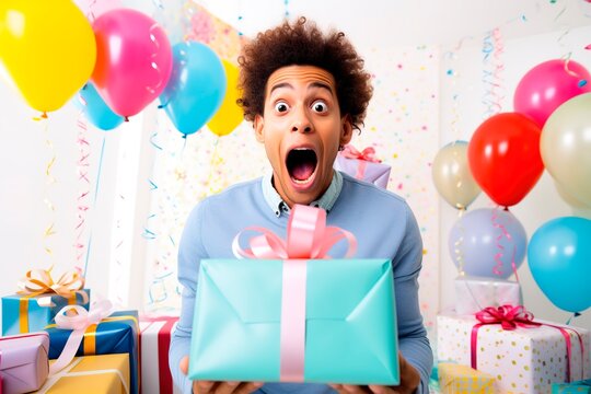 Mixed race man with surprise facial expression opening gifts in birthday portrait