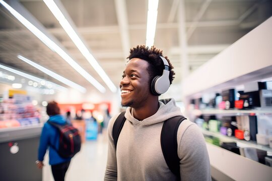 Happy African American man using wireless headphones in tech store