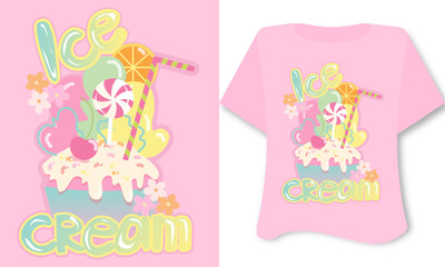 Ice cream gesign for t shirts, clothes, kawaii cartoon cupcake with cherry candy on pink background vector 