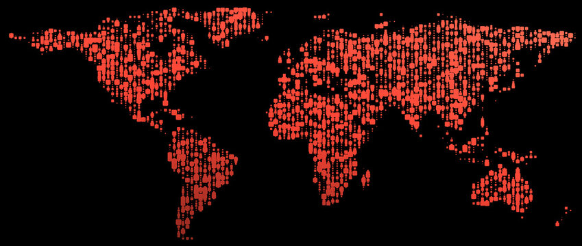 Abstract world map out of red squares, digital earth concept, pixel blocks, realistic illustration with all the continents and oceans, graphic design globe, earth map, isolated on black background