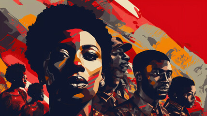 Black History Month colourful abstract illustration of a group of good looking black people Juneteenth racial equality and justice racism and discrimination - obrazy, fototapety, plakaty