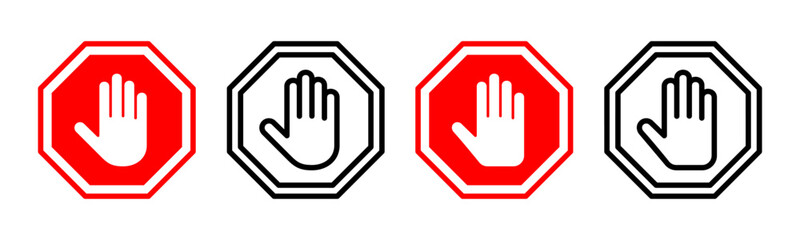 Stop icon set illustration. stop road sign. hand stop sign and symbol. Do not enter stop red sign with hand