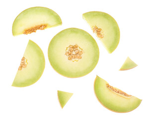 Pieces of sweet melon on white background