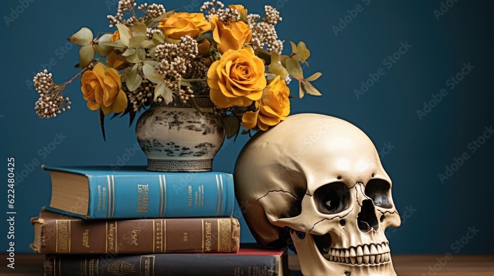 Poster a skull statue sitting on top of a stack of books. generative ai image.