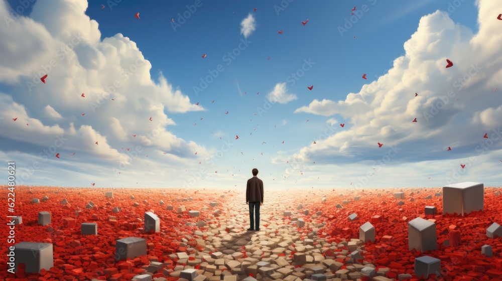 Aufkleber a man standing in a field of red flowers. generative ai image.