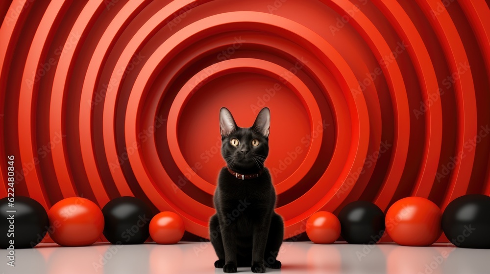 Poster a black cat sitting in front of a red and black background. generative ai image.