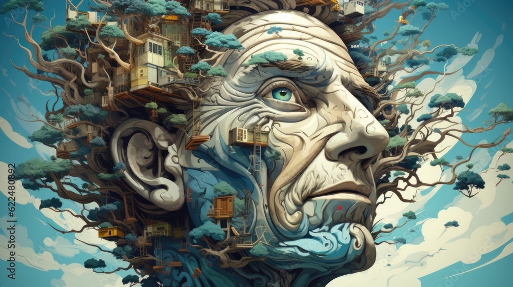 Poster a painting of a man's face with a tree growing out of it. generative ai image.
