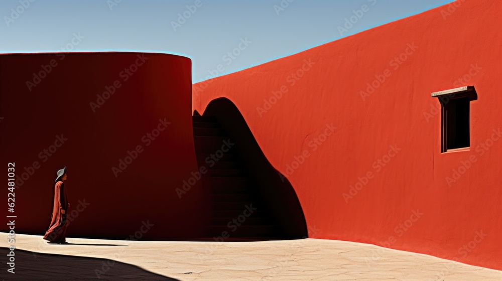 Poster a person standing in front of a red building. generative ai image.