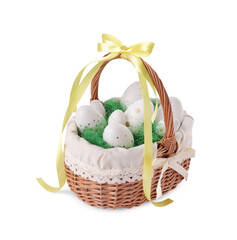 Wicker basket with beautifully painted Easter eggs isolated on white