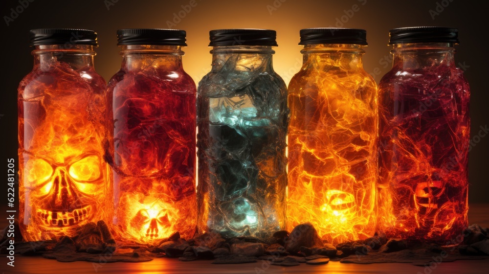 Poster a row of glass jars filled with different colored poisoned liquid. generative ai image.