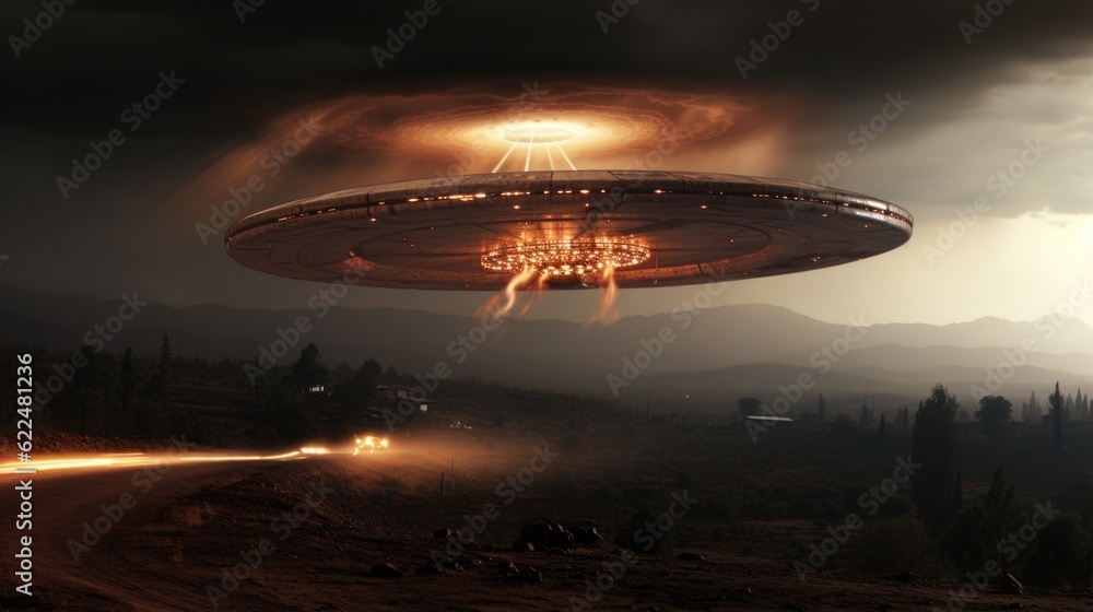Poster a flying saucer over a road with a mountain in the background. generative ai image.