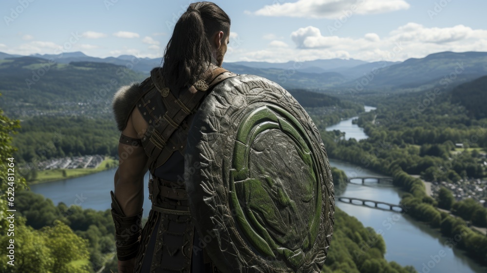 Poster a man with a shield on his back overlooking a river. generative ai image.
