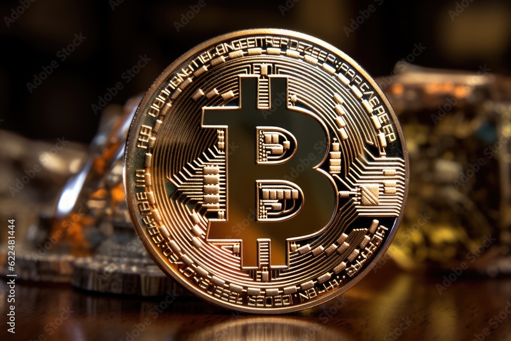 Poster a bit coin sitting on top of a table. generative ai image.